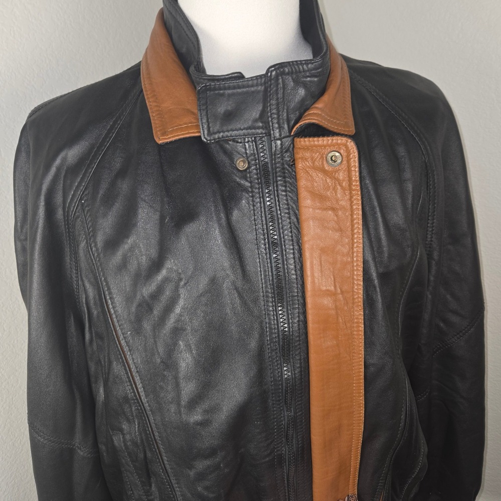 Bally Leather Jacket Men 40 Made Italy Black Tan Trim Moto Bomber Luxury Rare‎ - Picture 2 of 16